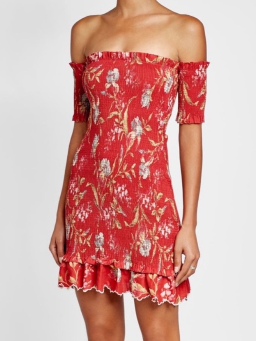 Zimmermann Red Floral Corsair Off-shoulder Shirred Mini Dress